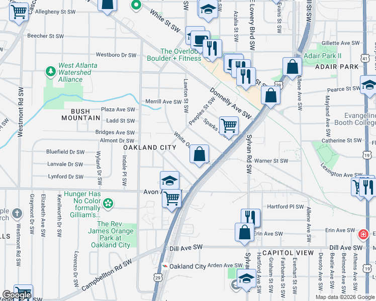 map of restaurants, bars, coffee shops, grocery stores, and more near 1091 Tucker Avenue Southwest in Atlanta