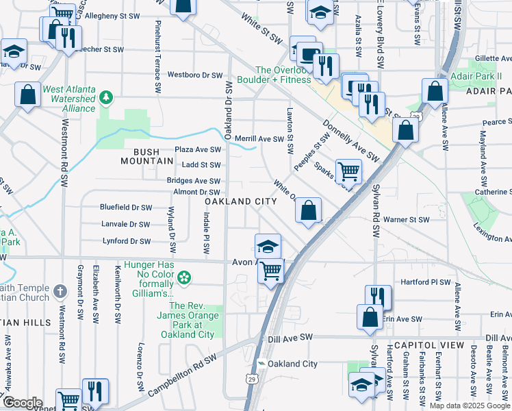 map of restaurants, bars, coffee shops, grocery stores, and more near 1151 Arlington Avenue Southwest in Atlanta