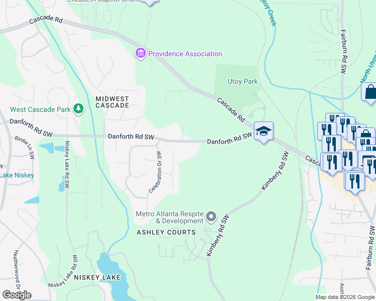 map of restaurants, bars, coffee shops, grocery stores, and more near 4150 Danforth Road Southwest in Atlanta