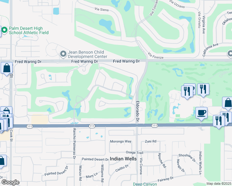 map of restaurants, bars, coffee shops, grocery stores, and more near 75720 Valle Vista Drive in Indian Wells