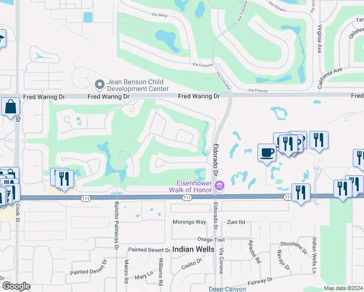map of restaurants, bars, coffee shops, grocery stores, and more near 75593 Desert Horizons Drive in Indian Wells