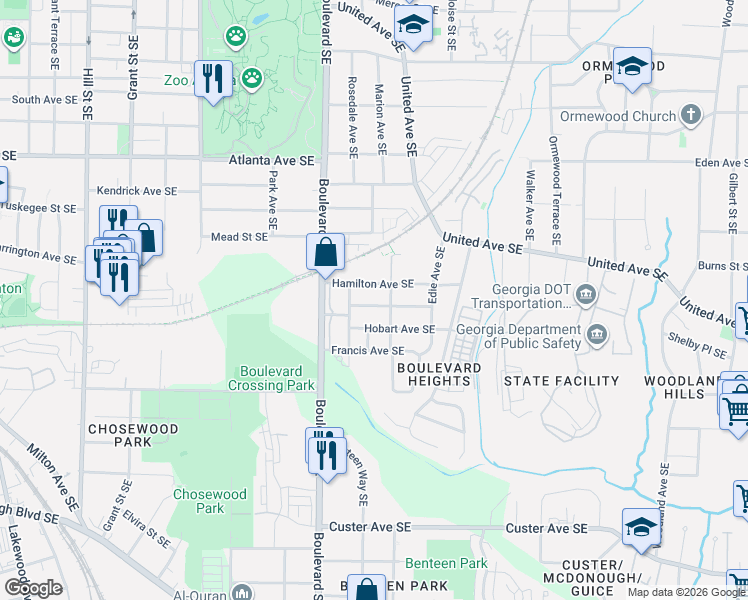 map of restaurants, bars, coffee shops, grocery stores, and more near 668 Schuyler Avenue Southeast in Atlanta