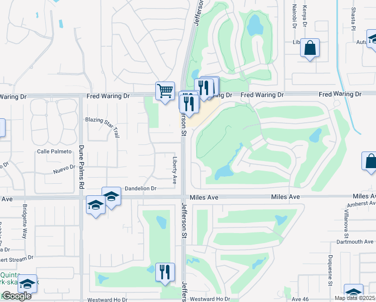 map of restaurants, bars, coffee shops, grocery stores, and more near 44090 Royal Troon Drive in Indio