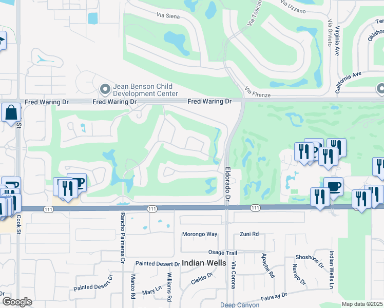 map of restaurants, bars, coffee shops, grocery stores, and more near 75593 Desert Horizons Drive in Indian Wells