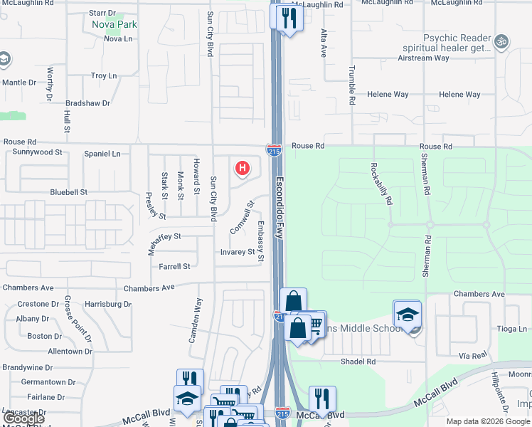 map of restaurants, bars, coffee shops, grocery stores, and more near 27219 Embassy Street in Menifee