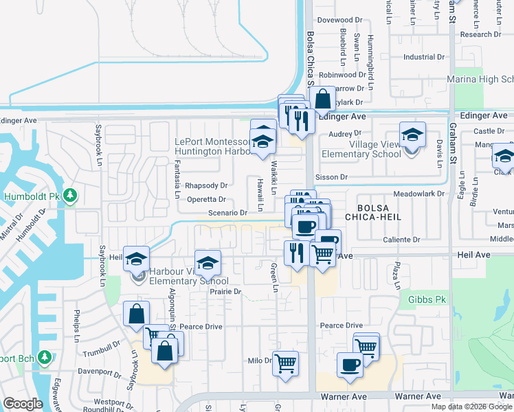 map of restaurants, bars, coffee shops, grocery stores, and more near 4762 Scenario Drive in Huntington Beach