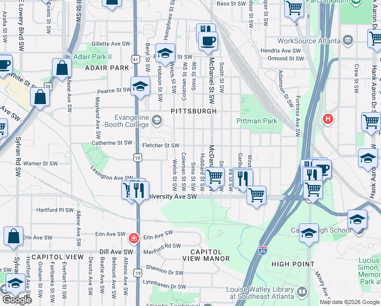 map of restaurants, bars, coffee shops, grocery stores, and more near 1107 Sims Street Southwest in Atlanta