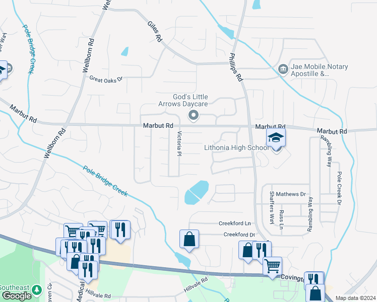 map of restaurants, bars, coffee shops, grocery stores, and more near 6169 Charring Cross Court in Lithonia