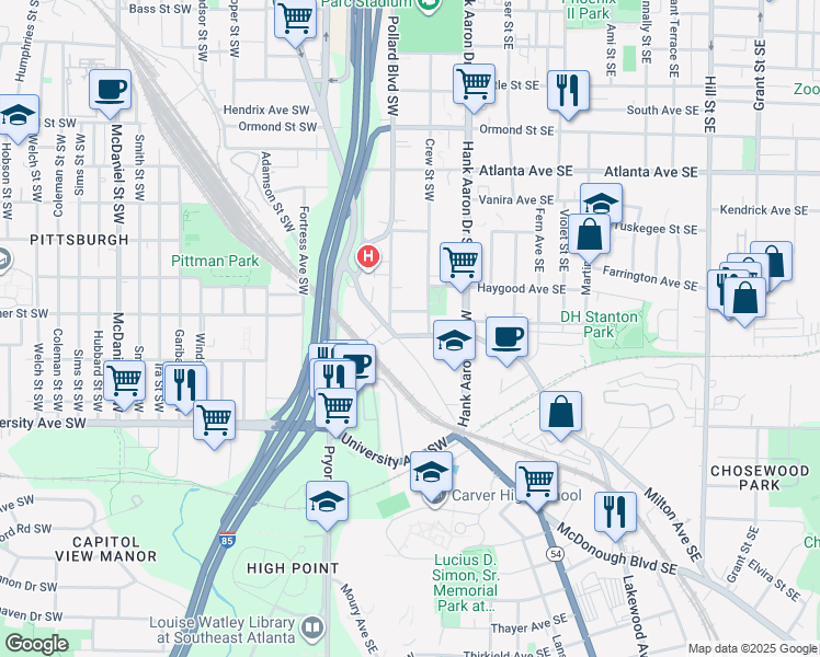 map of restaurants, bars, coffee shops, grocery stores, and more near 1100 Ridge Avenue Southwest in Atlanta