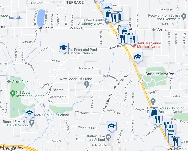 map of restaurants, bars, coffee shops, grocery stores, and more near 2491 Habersham Drive in Decatur
