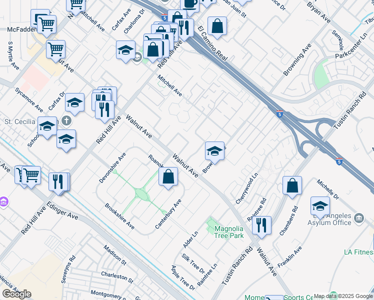 map of restaurants, bars, coffee shops, grocery stores, and more near 1871 Hampshire Road in Tustin