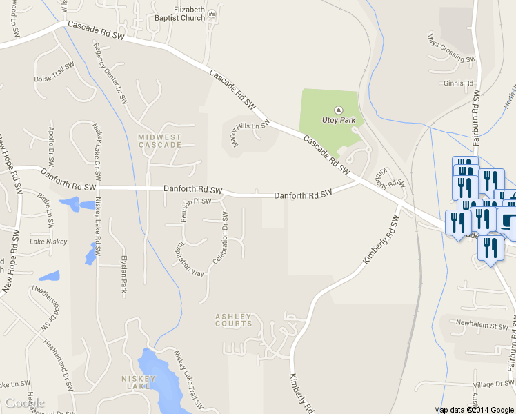 map of restaurants, bars, coffee shops, grocery stores, and more near 4150 Danforth Rd SW in Atlanta