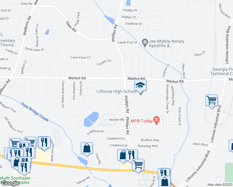 map of restaurants, bars, coffee shops, grocery stores, and more near 6279 Marbut Farms Road in Lithonia