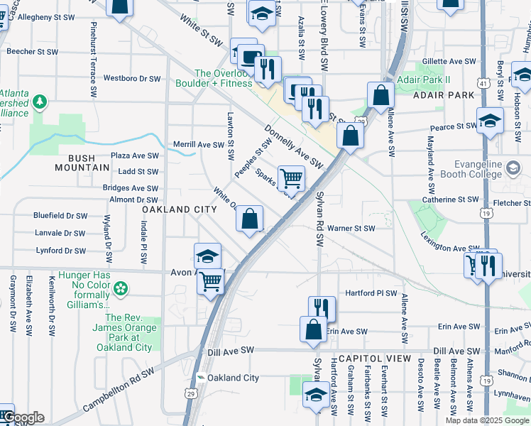 map of restaurants, bars, coffee shops, grocery stores, and more near 1033 White Oak Avenue Southwest in Atlanta