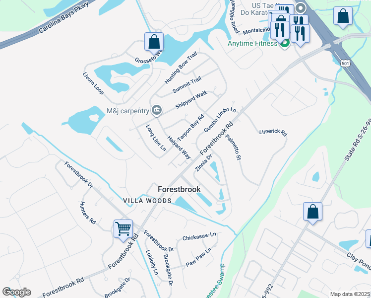 map of restaurants, bars, coffee shops, grocery stores, and more near 3948 Halyard Way in Myrtle Beach