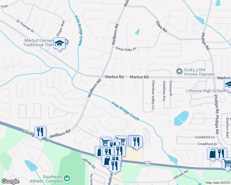 map of restaurants, bars, coffee shops, grocery stores, and more near 2172 Sara Ashley Way in Lithonia