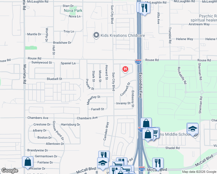 map of restaurants, bars, coffee shops, grocery stores, and more near 27388 Presley Street in Menifee