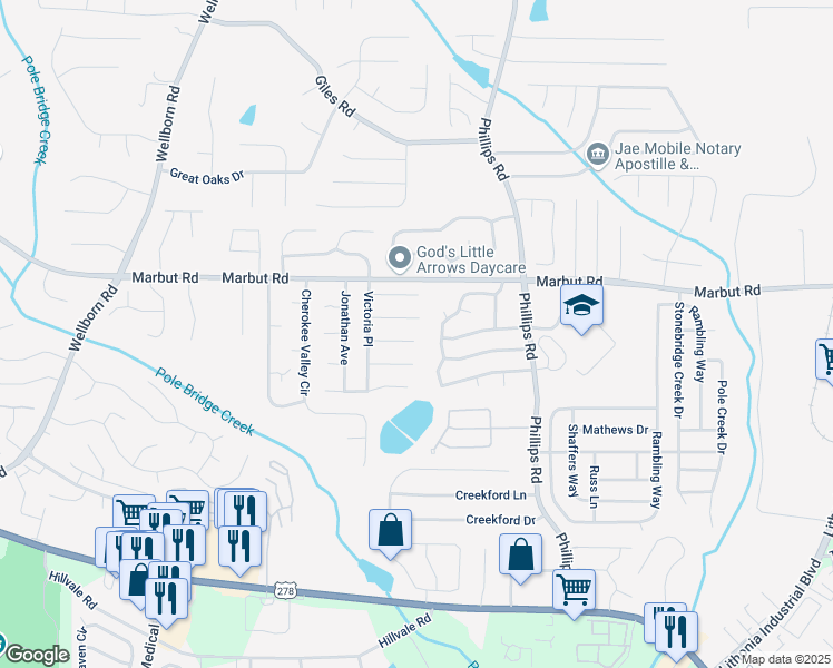 map of restaurants, bars, coffee shops, grocery stores, and more near 6193 Charring Cross Court in Lithonia