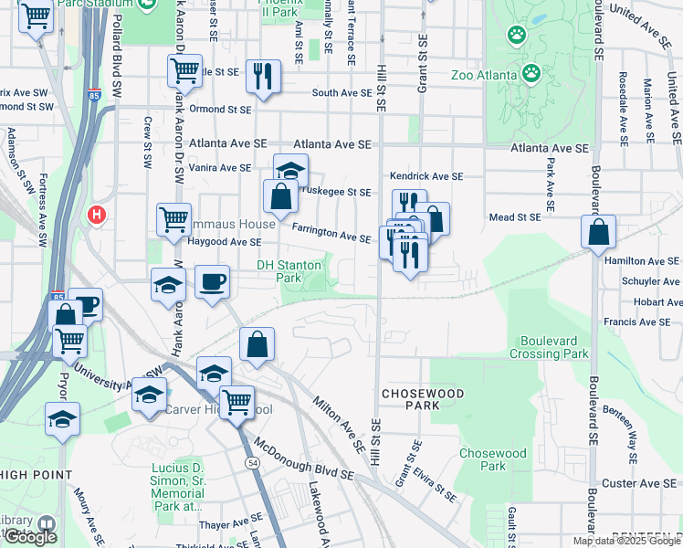 map of restaurants, bars, coffee shops, grocery stores, and more near 1060 Grant Way Southeast in Atlanta
