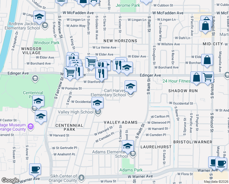 map of restaurants, bars, coffee shops, grocery stores, and more near 1621 South Diamond Street in Santa Ana
