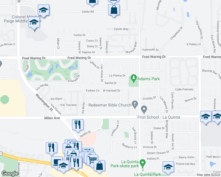 map of restaurants, bars, coffee shops, grocery stores, and more near 78770 West Harland Drive in La Quinta