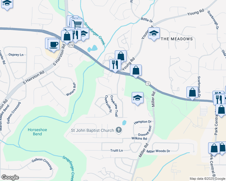 map of restaurants, bars, coffee shops, grocery stores, and more near 2172 Creekview Trail in Decatur