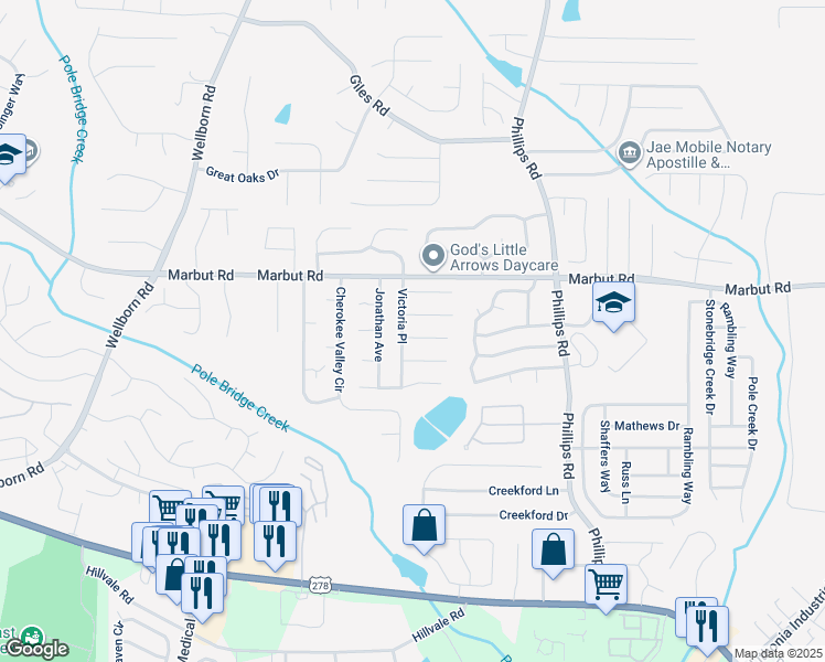 map of restaurants, bars, coffee shops, grocery stores, and more near 2139 Victoria Place in Lithonia