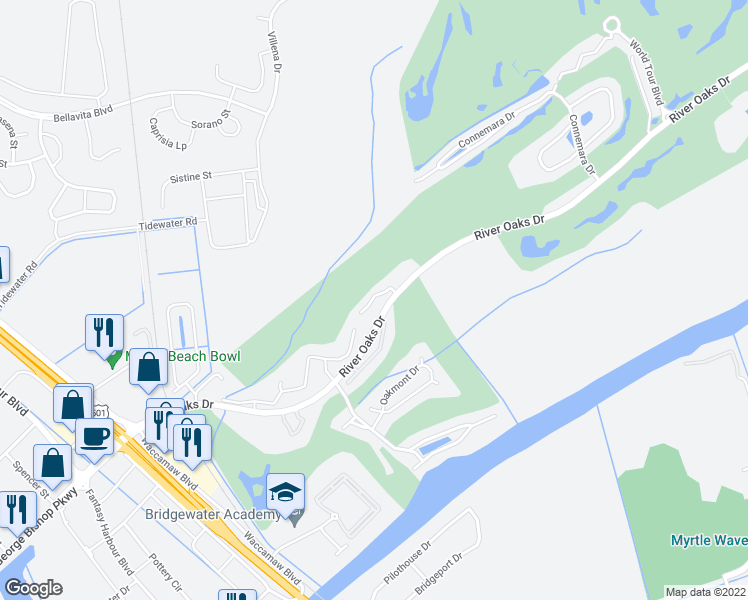 map of restaurants, bars, coffee shops, grocery stores, and more near 581 River Oaks Drive in Myrtle Beach