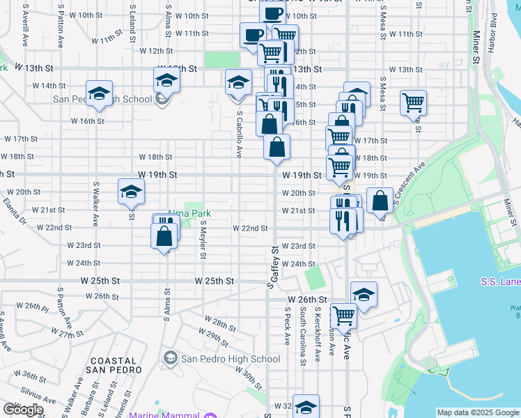 map of restaurants, bars, coffee shops, grocery stores, and more near 734 West 21st Street in Los Angeles