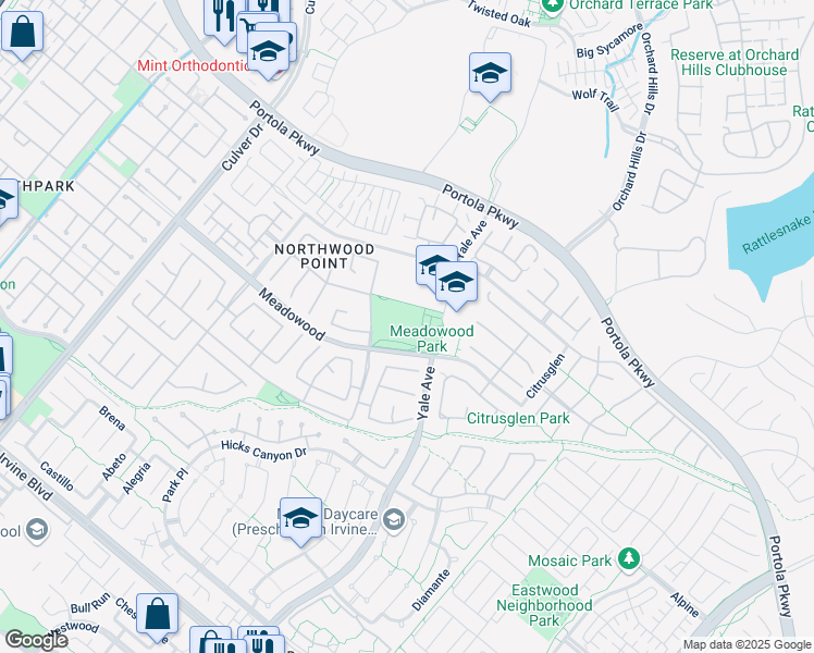 map of restaurants, bars, coffee shops, grocery stores, and more near 4577 Meadowood in Irvine