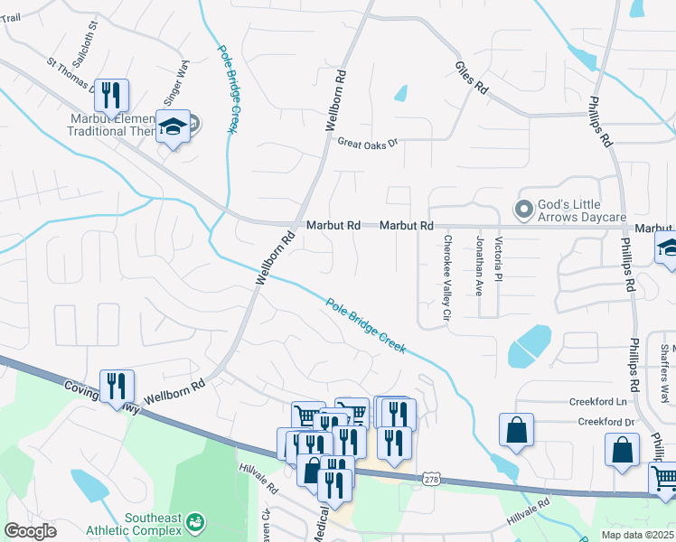 map of restaurants, bars, coffee shops, grocery stores, and more near 2148 Sara Ashley Way in Lithonia