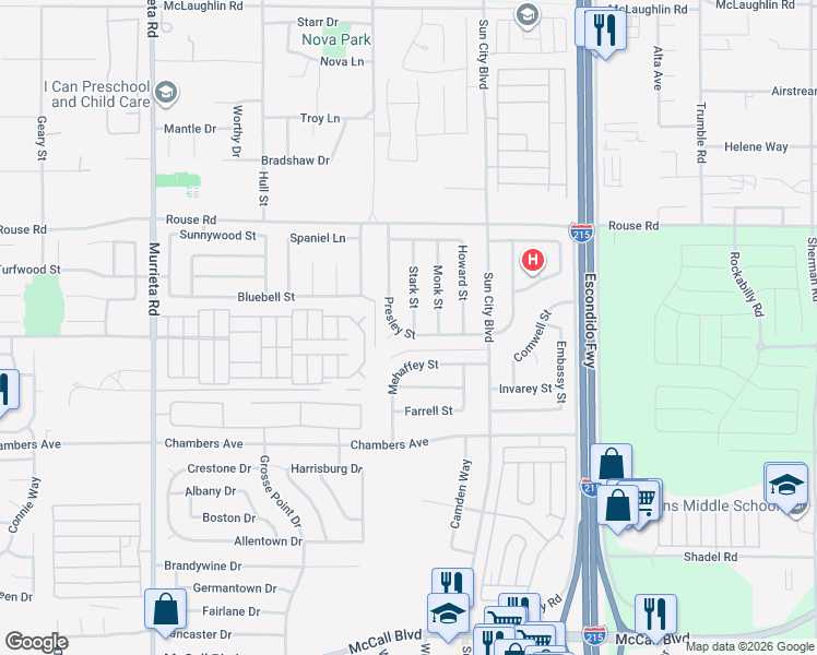 map of restaurants, bars, coffee shops, grocery stores, and more near 27165 Stark Street in Menifee