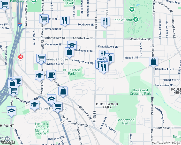 map of restaurants, bars, coffee shops, grocery stores, and more near 1062 Grant Terrace Southeast in Atlanta