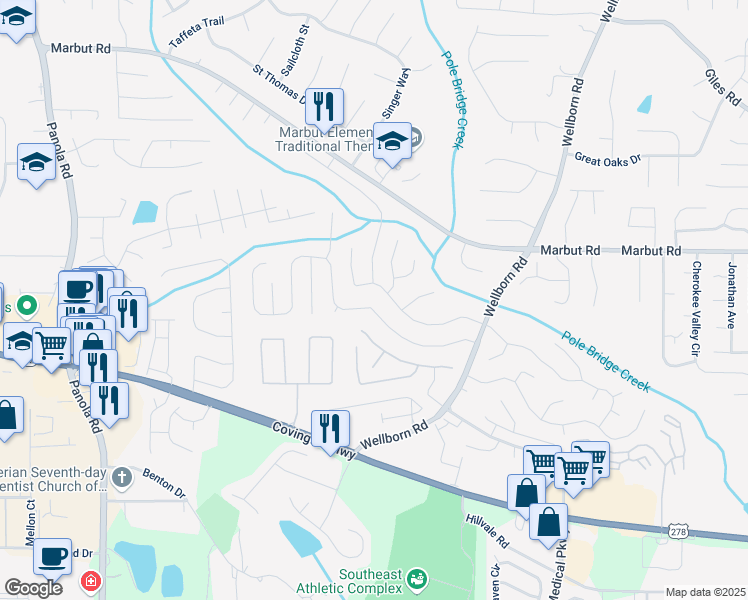 map of restaurants, bars, coffee shops, grocery stores, and more near 5696 Wellborn Creek Drive in Lithonia