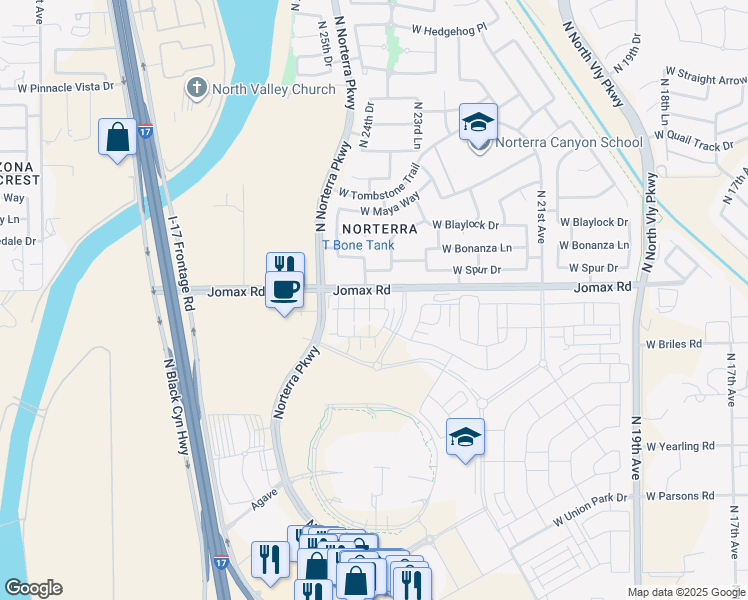 map of restaurants, bars, coffee shops, grocery stores, and more near 2417 West Spur Drive in Phoenix