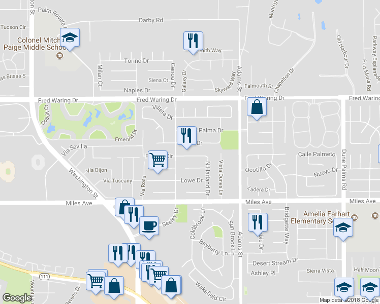 map of restaurants, bars, coffee shops, grocery stores, and more near 78770 West Harland Drive in La Quinta