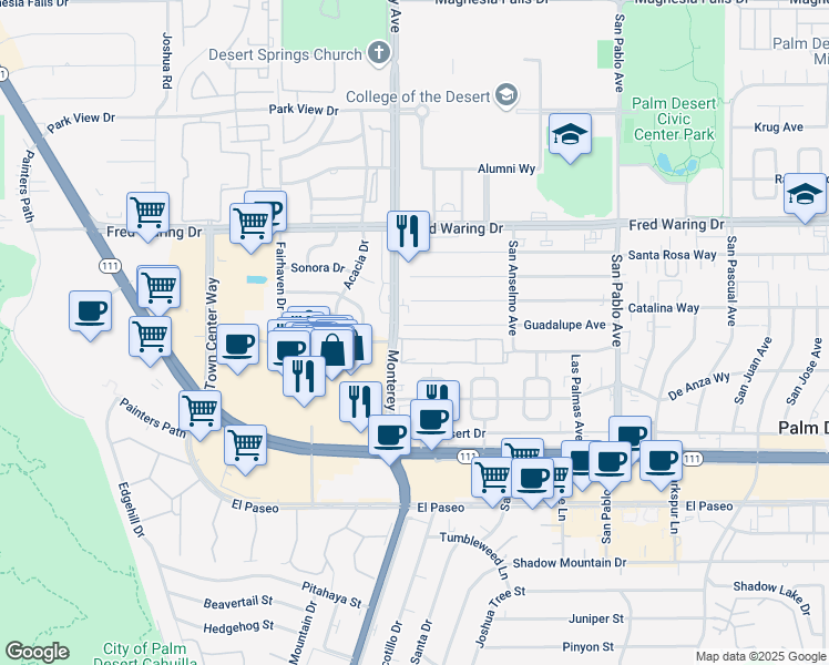 map of restaurants, bars, coffee shops, grocery stores, and more near 44350 Monterey Avenue in Palm Desert