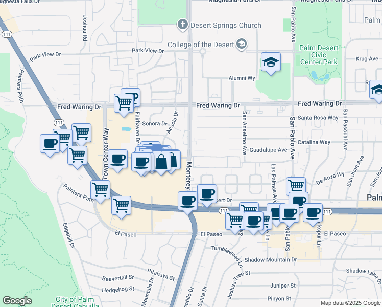 map of restaurants, bars, coffee shops, grocery stores, and more near 44350 Monterey Avenue in Palm Desert
