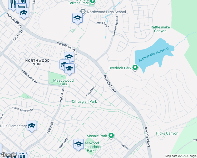 map of restaurants, bars, coffee shops, grocery stores, and more near 13 Winthrop in Irvine