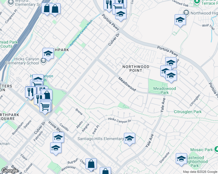 map of restaurants, bars, coffee shops, grocery stores, and more near 8 Clear Creek in Irvine
