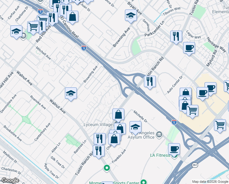 map of restaurants, bars, coffee shops, grocery stores, and more near 2222 Cherrywood Lane in Tustin