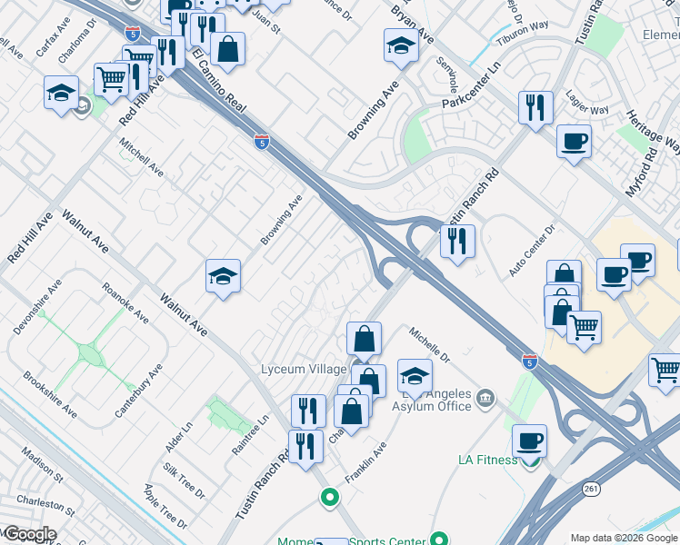 map of restaurants, bars, coffee shops, grocery stores, and more near 2222 Cherrywood Lane in Tustin