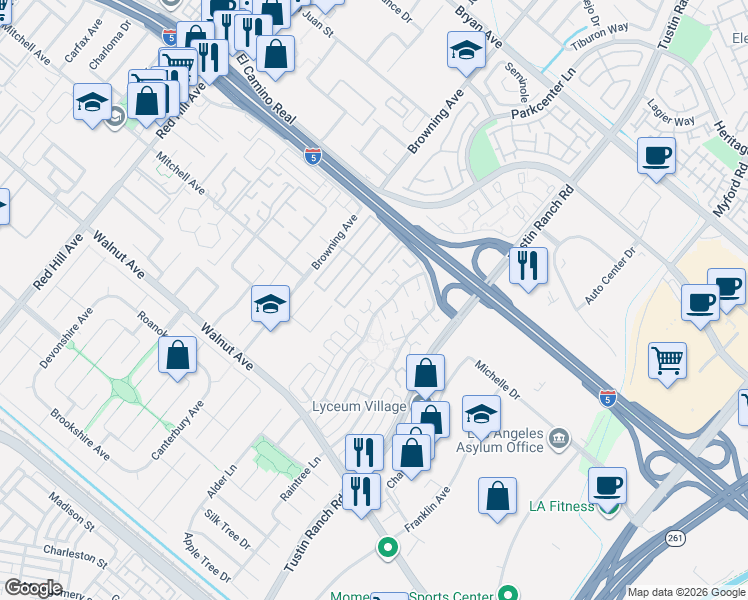 map of restaurants, bars, coffee shops, grocery stores, and more near 2134 Poppy Drive in Tustin