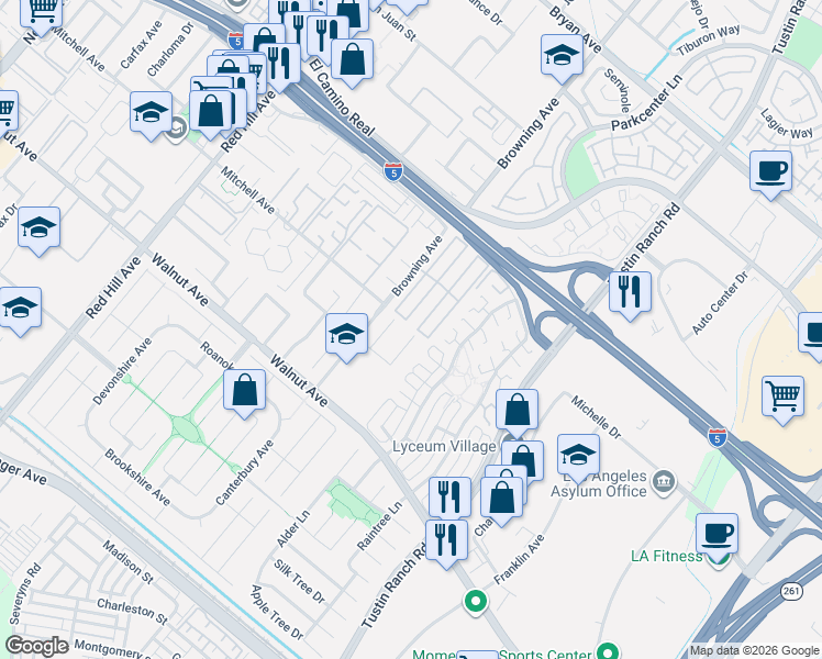 map of restaurants, bars, coffee shops, grocery stores, and more near 40 Madrid Street in Tustin