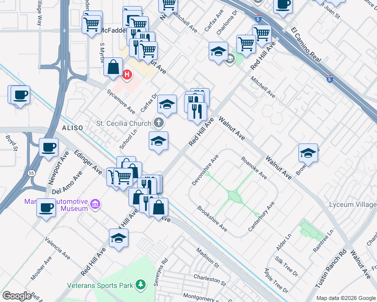 map of restaurants, bars, coffee shops, grocery stores, and more near in Tustin