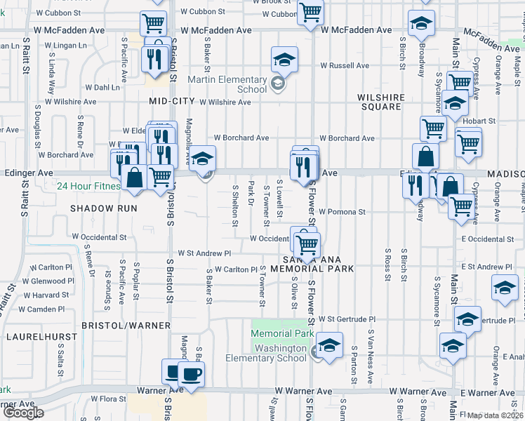 map of restaurants, bars, coffee shops, grocery stores, and more near 1605 South Towner Street in Santa Ana
