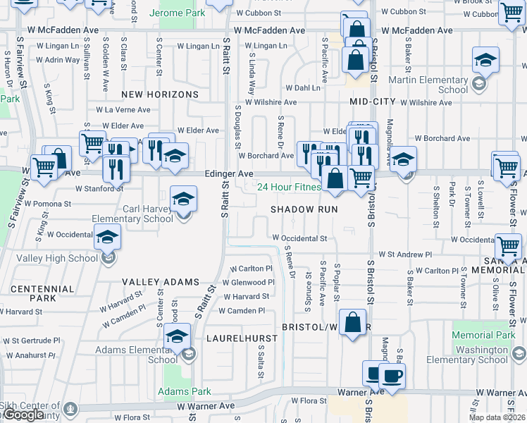 map of restaurants, bars, coffee shops, grocery stores, and more near 1515 South Raitt Street in Santa Ana