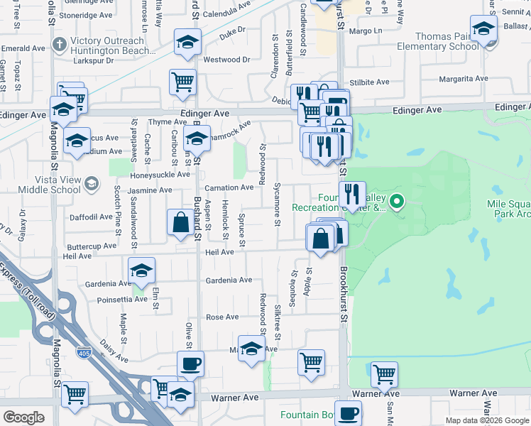 map of restaurants, bars, coffee shops, grocery stores, and more near 16337 Sycamore Street in Fountain Valley