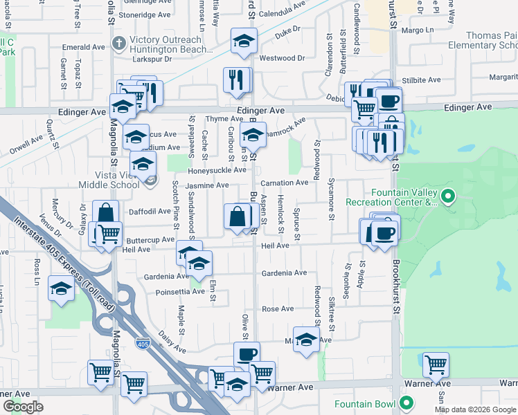 map of restaurants, bars, coffee shops, grocery stores, and more near 16313 Aspen Street in Fountain Valley