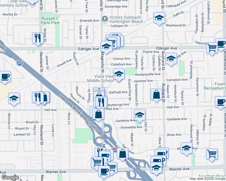 map of restaurants, bars, coffee shops, grocery stores, and more near 16250 Hickory Street in Fountain Valley